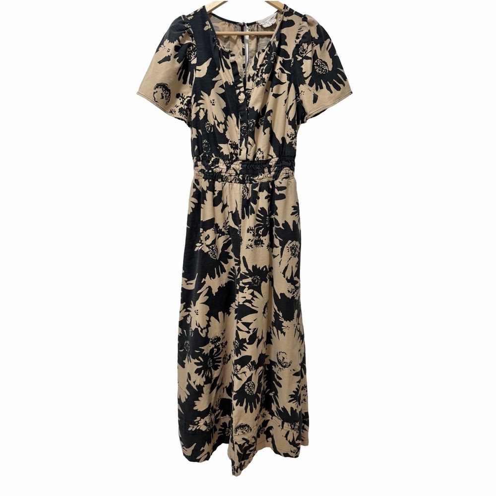 Anthropologie The Somerset Floral Wide Leg Jumpsuit Size M Light Sand Smocked